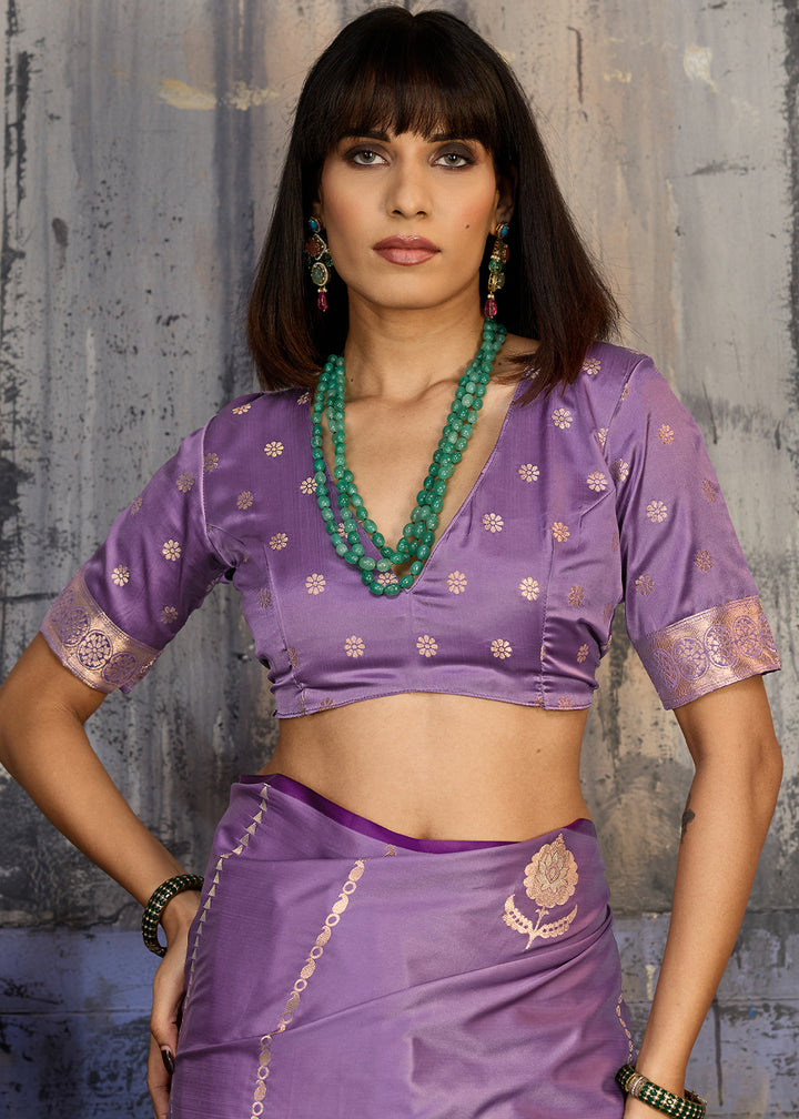 Iris Purple Satin Silk Saree with Zari-Woven Motifs