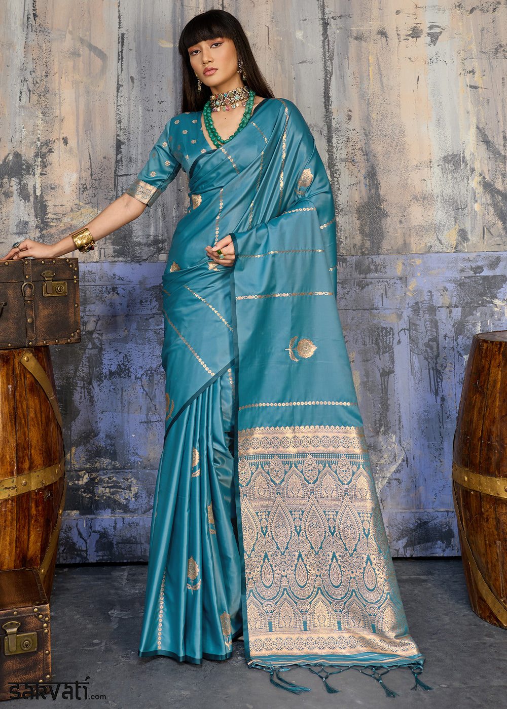 Steel Blue Satin Silk Saree with Zari-Woven Motifs