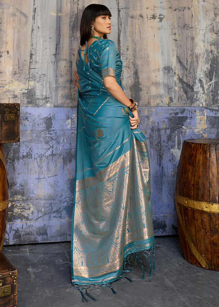 Steel Blue Satin Silk Saree with Zari-Woven Motifs