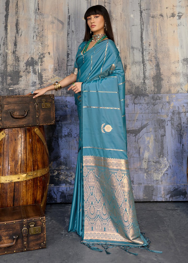 Steel Blue Satin Silk Saree with Zari-Woven Motifs