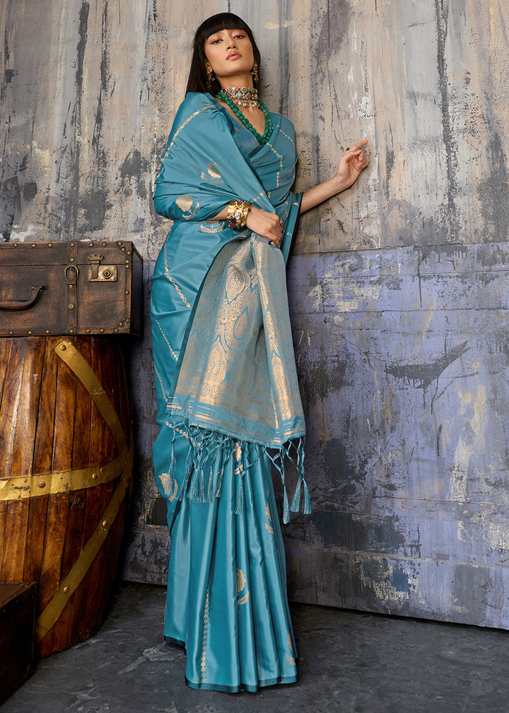 Steel Blue Satin Silk Saree with Zari-Woven Motifs