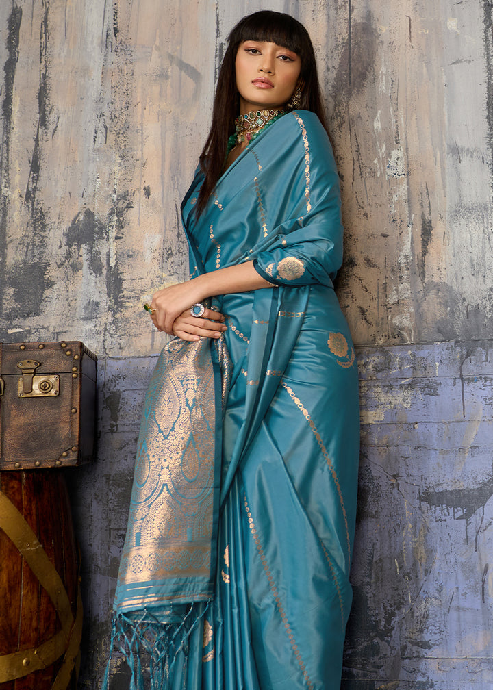 Steel Blue Satin Silk Saree with Zari-Woven Motifs