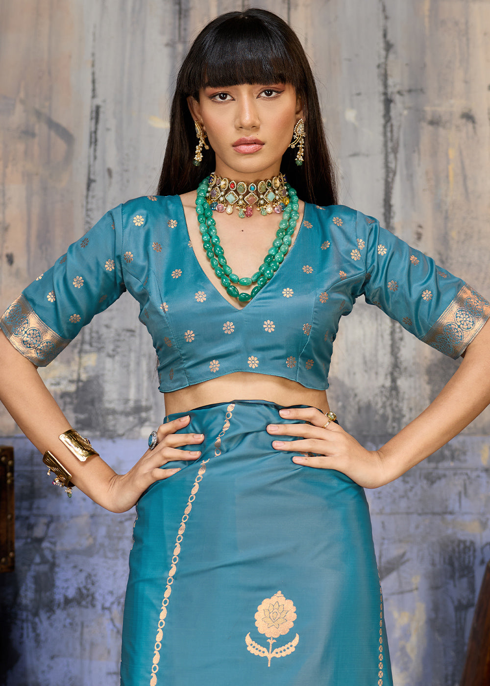 Steel Blue Satin Silk Saree with Zari-Woven Motifs