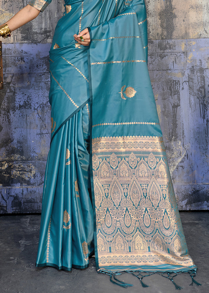 Steel Blue Satin Silk Saree with Zari-Woven Motifs