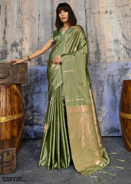 Sage Green Satin Silk Saree with Zari-Woven Motifs