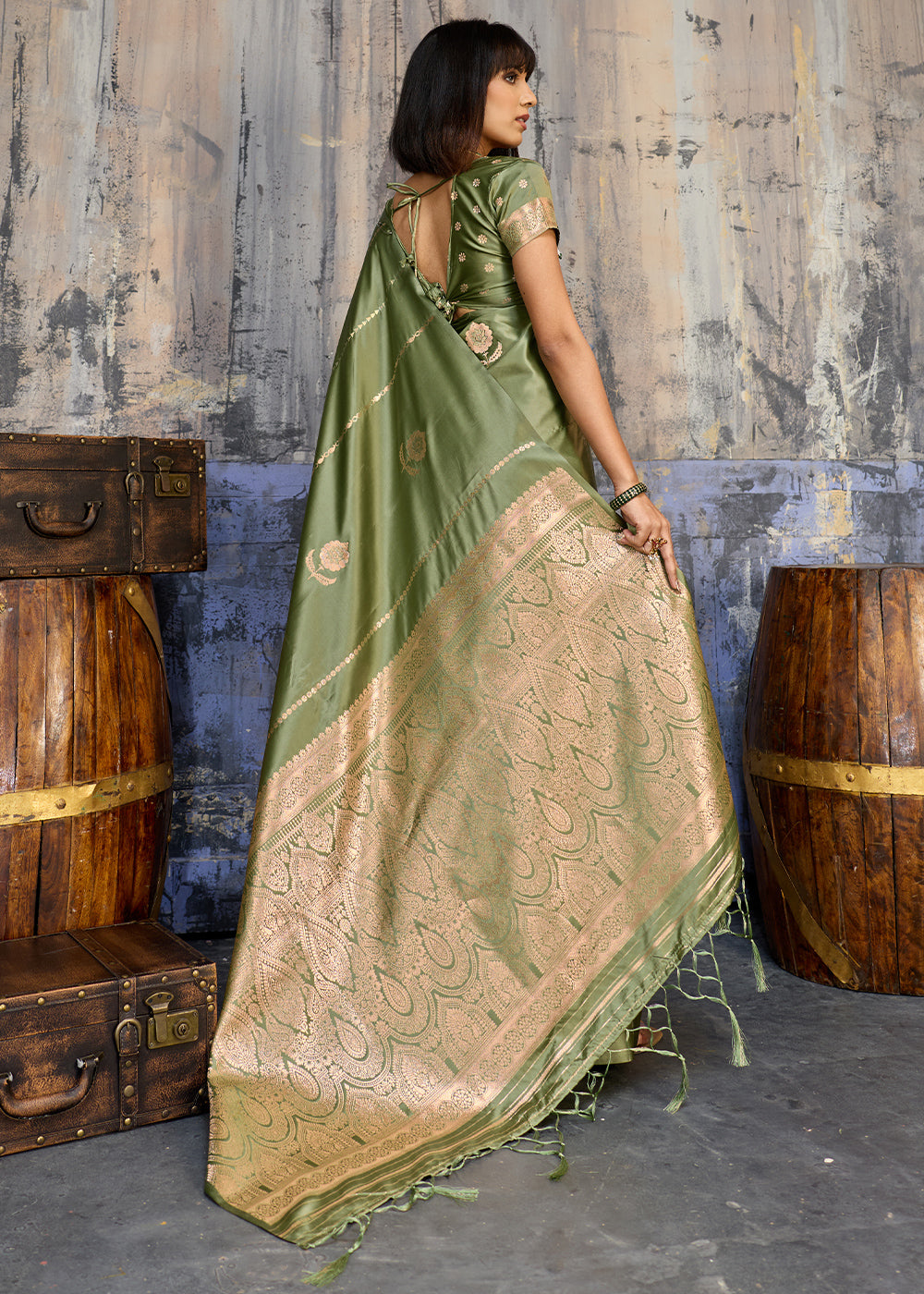 Sage Green Satin Silk Saree with Zari-Woven Motifs