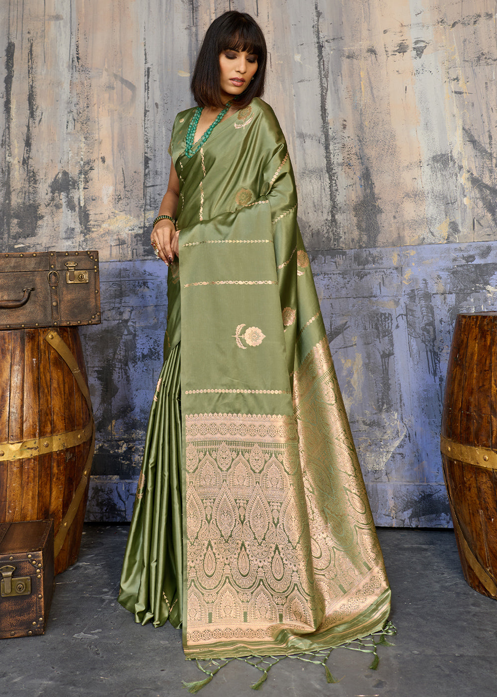 Sage Green Satin Silk Saree with Zari-Woven Motifs
