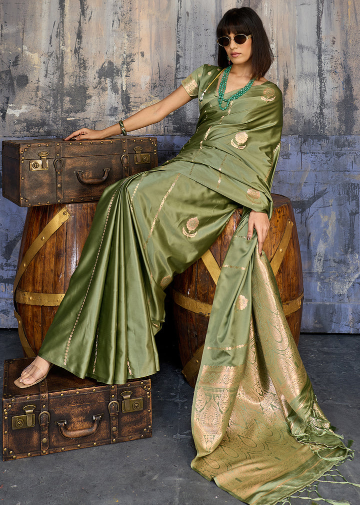 Sage Green Satin Silk Saree with Zari-Woven Motifs