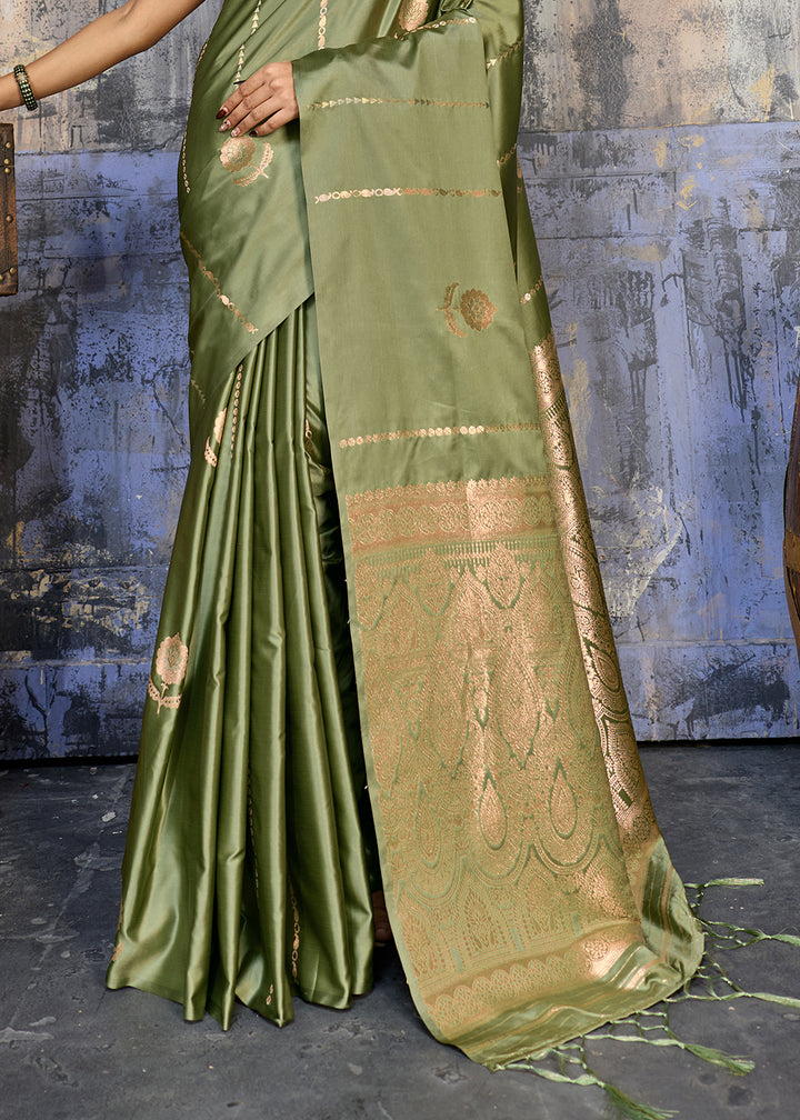 Sage Green Satin Silk Saree with Zari-Woven Motifs