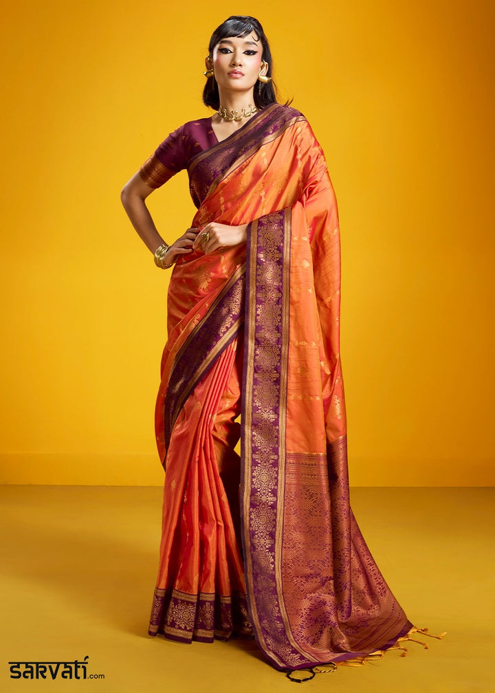 Lava Orange Handloom Silk Saree with Elegant Contrast Border