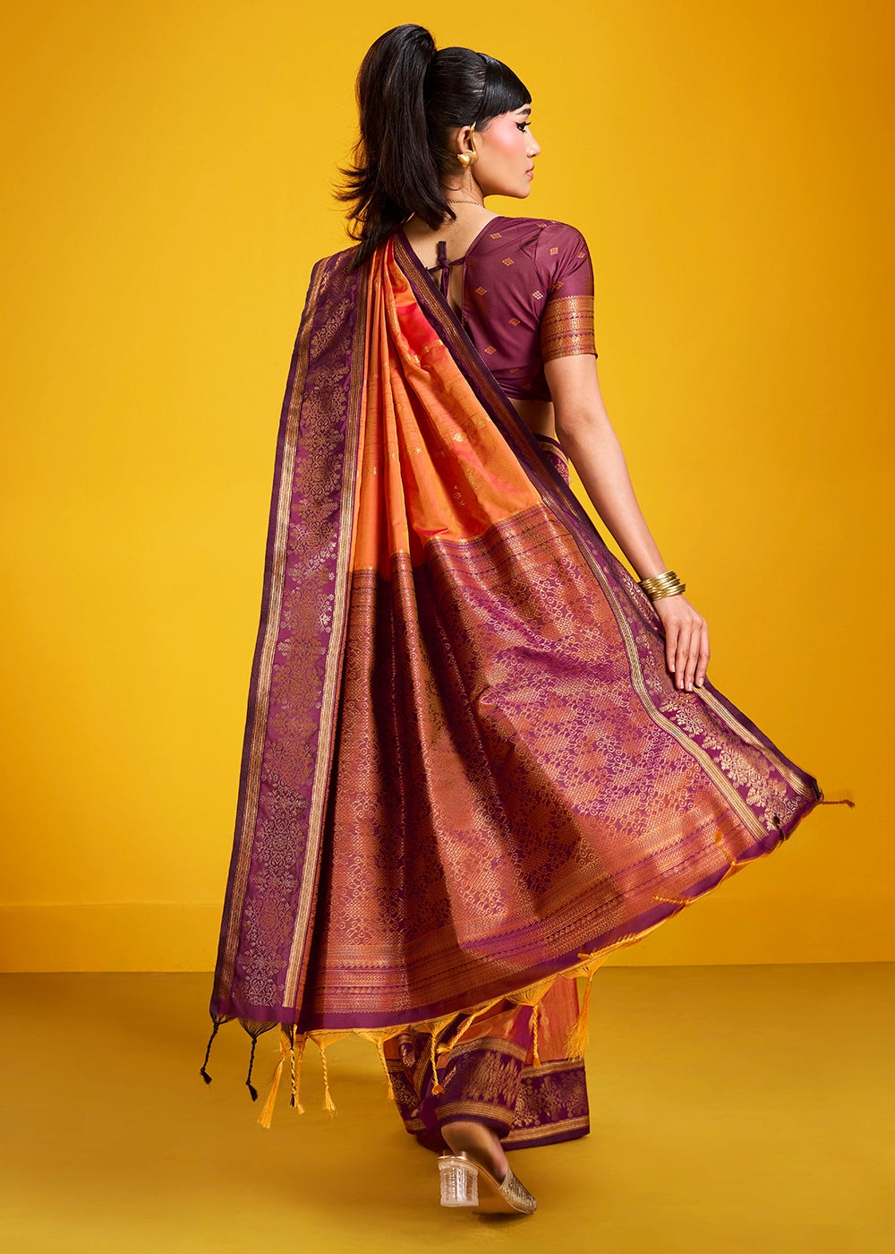 Lava Orange Handloom Silk Saree with Elegant Contrast Border