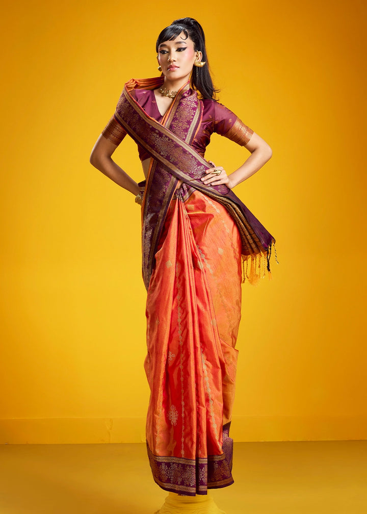 Lava Orange Handloom Silk Saree with Elegant Contrast Border