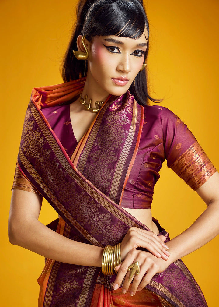 Lava Orange Handloom Silk Saree with Elegant Contrast Border