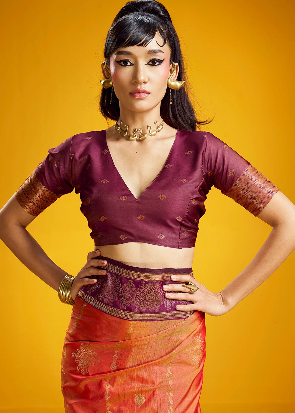 Lava Orange Handloom Silk Saree with Elegant Contrast Border