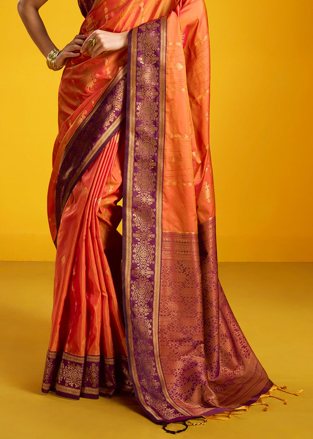 Lava Orange Handloom Silk Saree with Elegant Contrast Border
