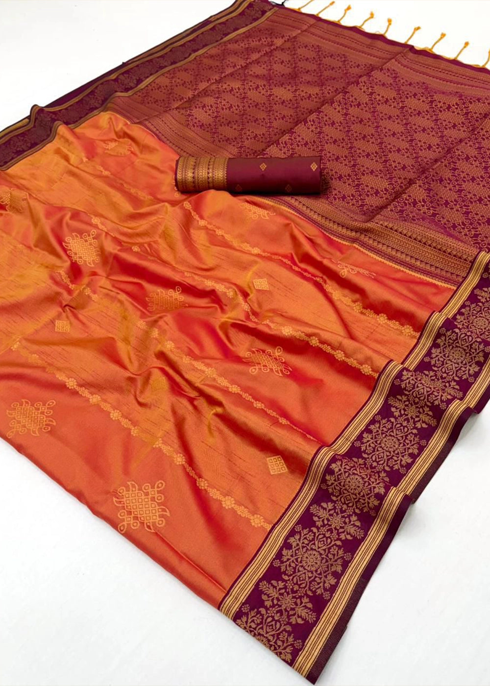 Lava Orange Handloom Silk Saree with Elegant Contrast Border