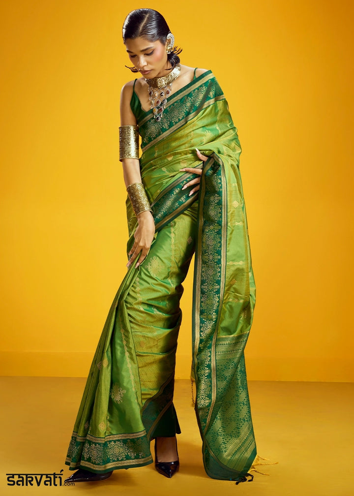 Mantis Green Handloom Silk Saree with Elegant Contrast Border