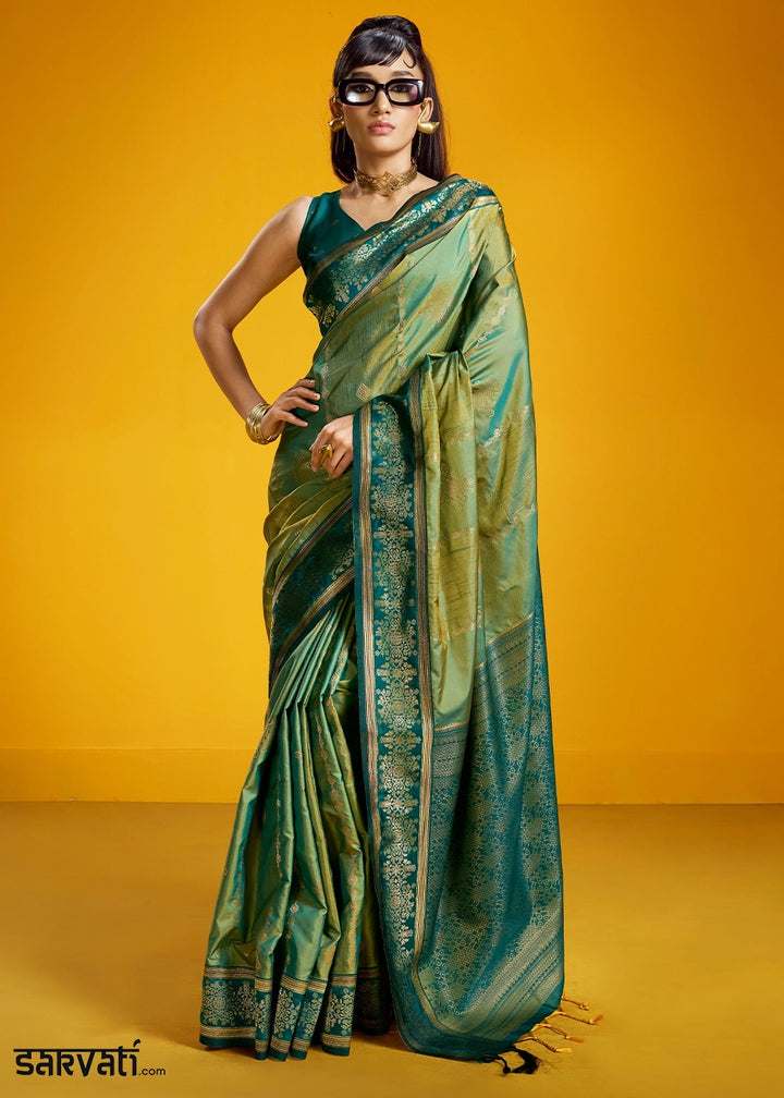 Tones Of Green Handloom Silk Saree with Elegant Contrast Border