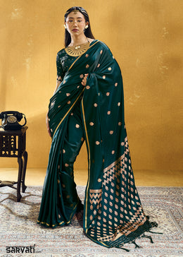 Midnight Green Satin Silk Saree with Woven Butti Accents