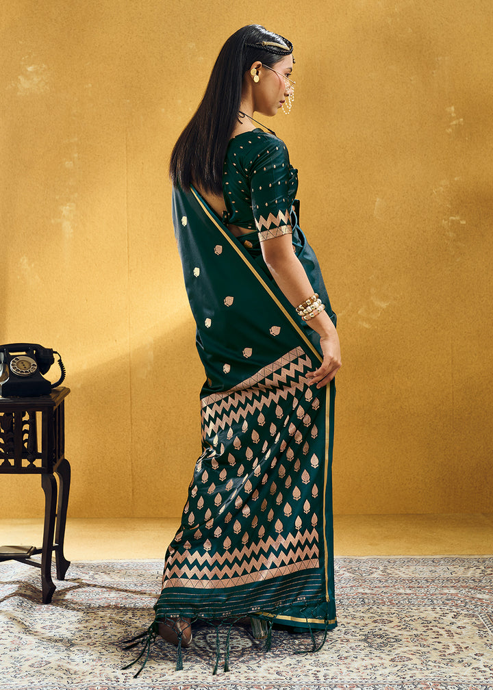 Midnight Green Satin Silk Saree with Woven Butti Accents