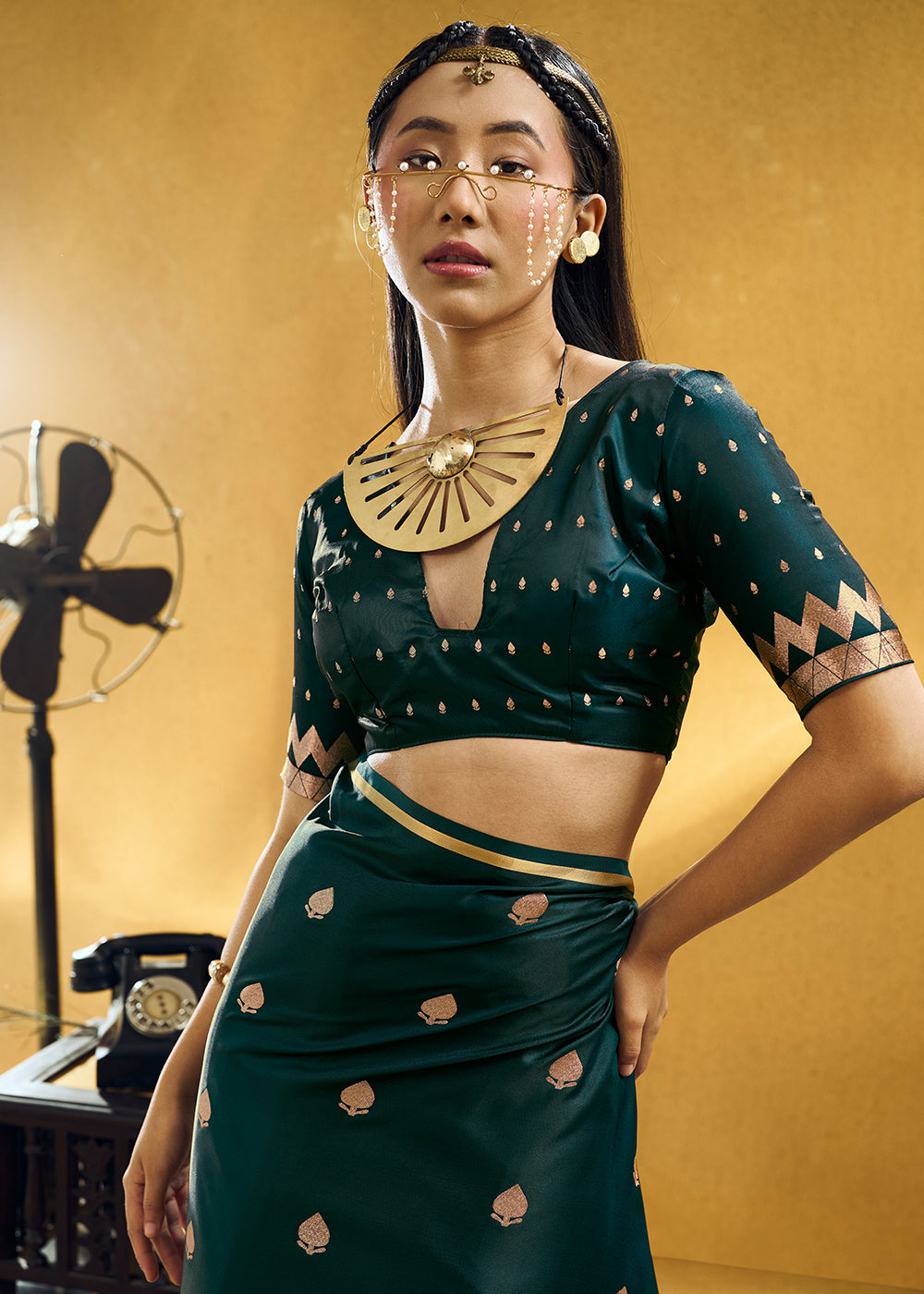 Midnight Green Satin Silk Saree with Woven Butti Accents