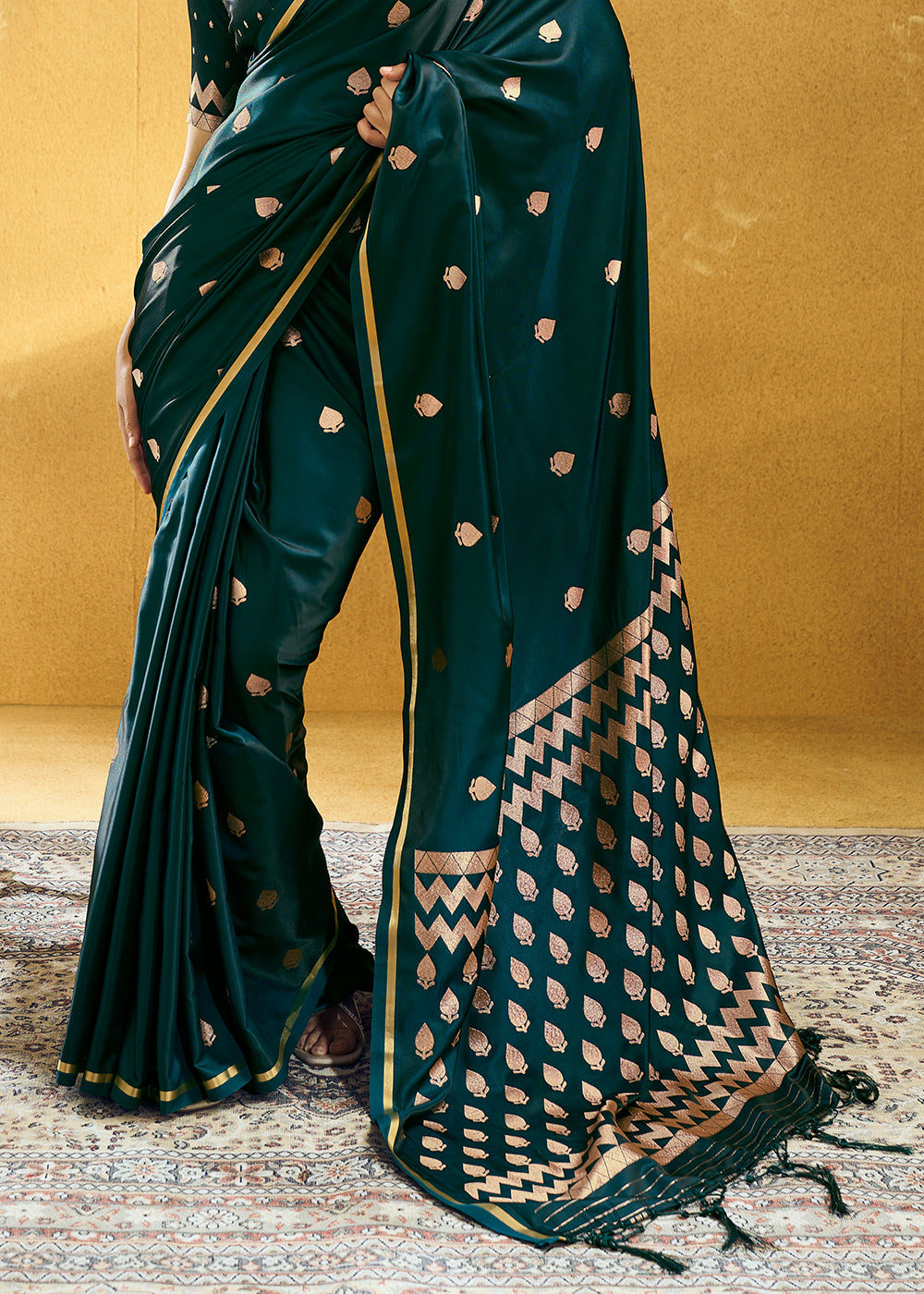 Midnight Green Satin Silk Saree with Woven Butti Accents
