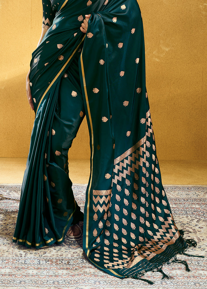 Midnight Green Satin Silk Saree with Woven Butti Accents