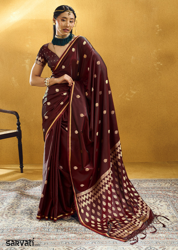 Mahogany Brown Satin Silk Saree with Woven Butti Accents