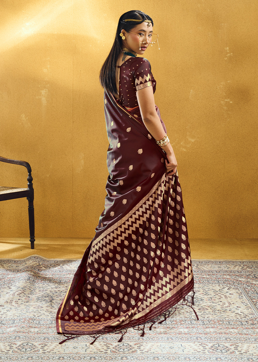 Mahogany Brown Satin Silk Saree with Woven Butti Accents