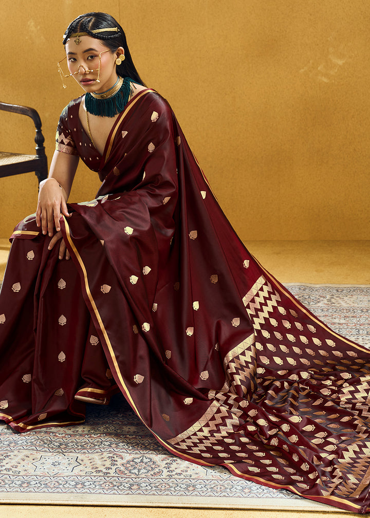 Mahogany Brown Satin Silk Saree with Woven Butti Accents