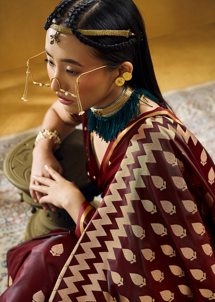 Mahogany Brown Satin Silk Saree with Woven Butti Accents