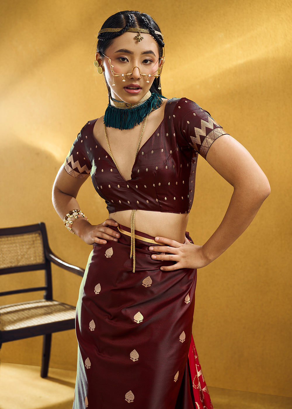 Mahogany Brown Satin Silk Saree with Woven Butti Accents