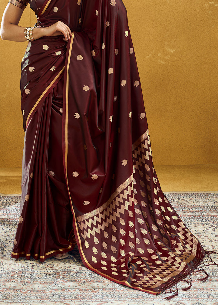 Mahogany Brown Satin Silk Saree with Woven Butti Accents
