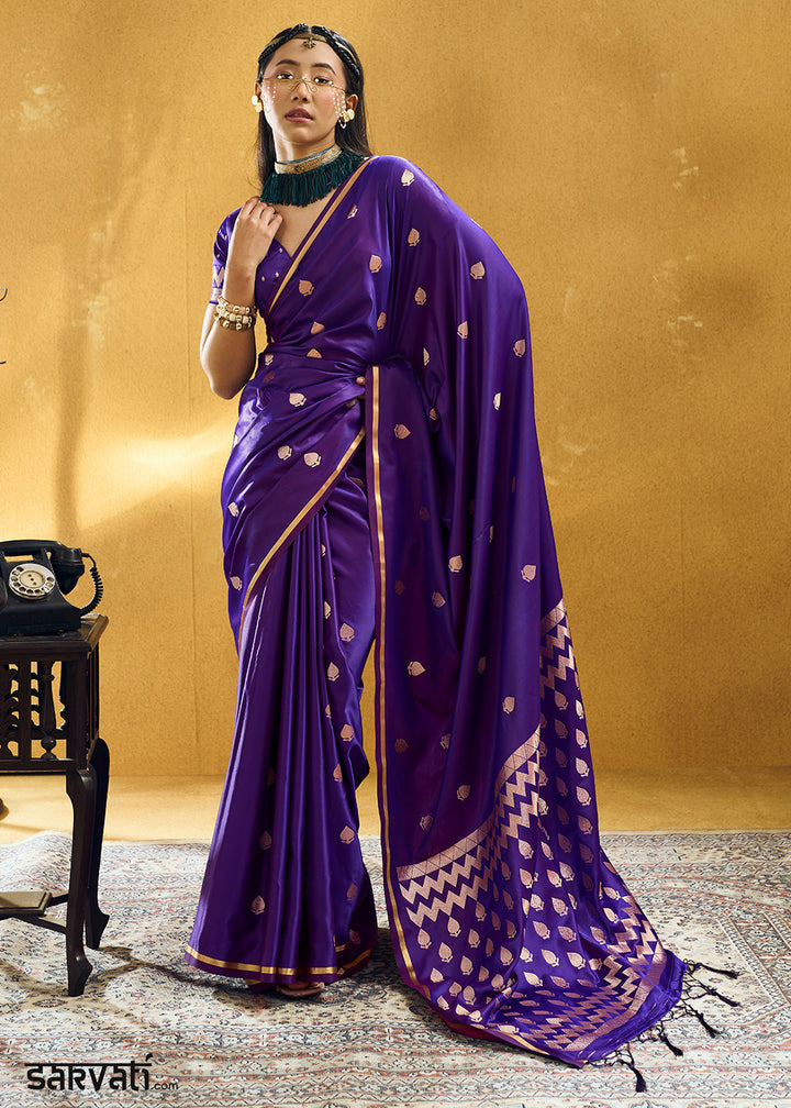 Indigo Purple Satin Silk Saree with Woven Butti Accents