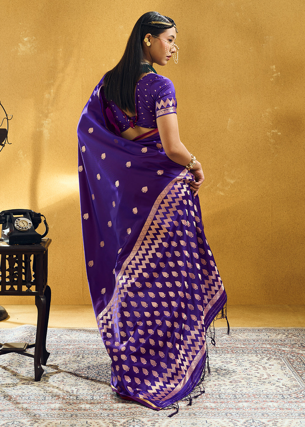 Indigo Purple Satin Silk Saree with Woven Butti Accents