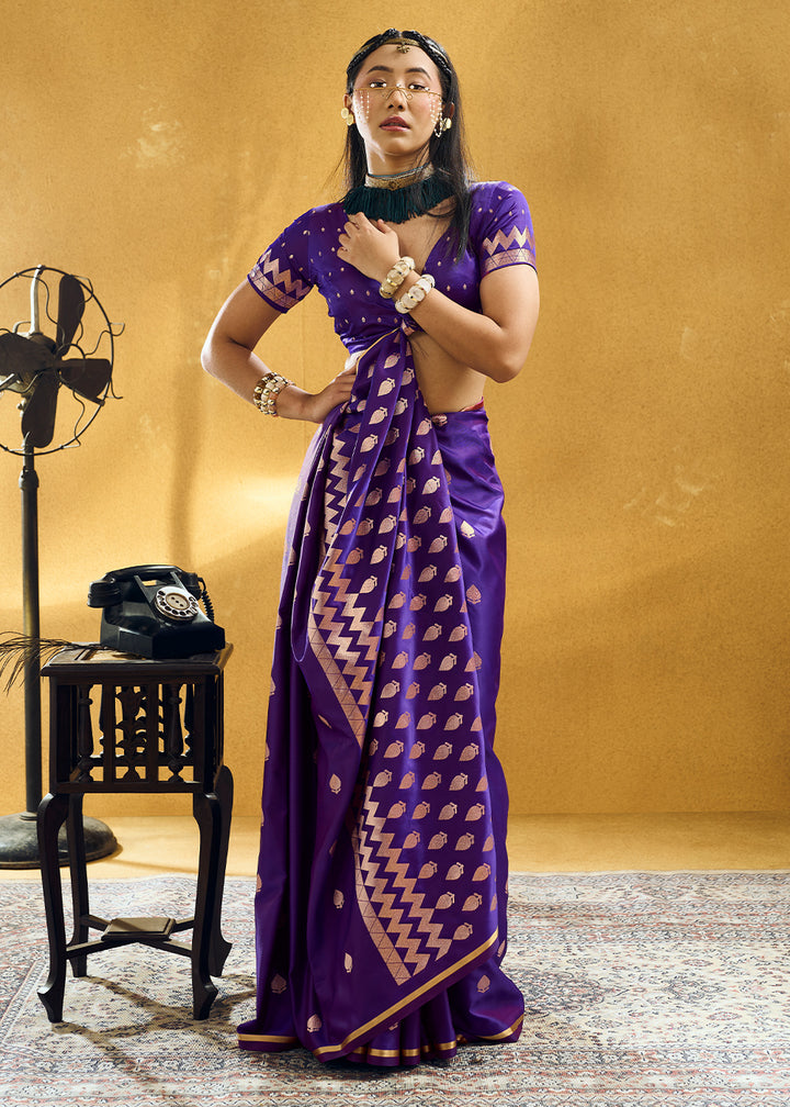 Indigo Purple Satin Silk Saree with Woven Butti Accents
