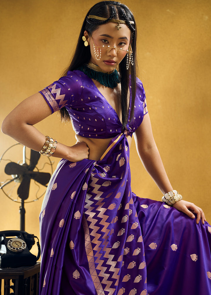 Indigo Purple Satin Silk Saree with Woven Butti Accents