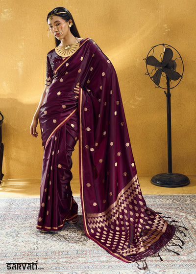 Wine Purple Satin Silk Saree with Woven Butti Accents