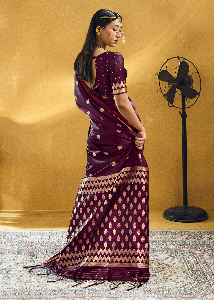 Wine Purple Satin Silk Saree with Woven Butti Accents