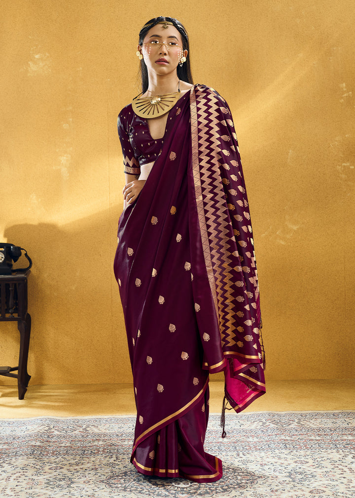 Wine Purple Satin Silk Saree with Woven Butti Accents
