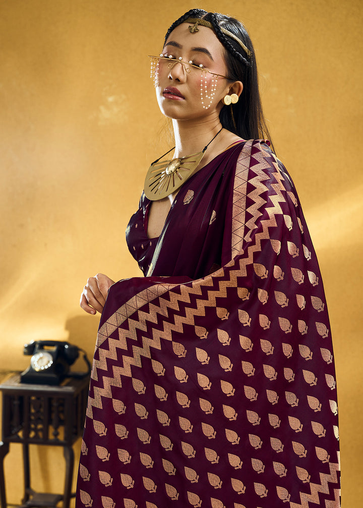 Wine Purple Satin Silk Saree with Woven Butti Accents