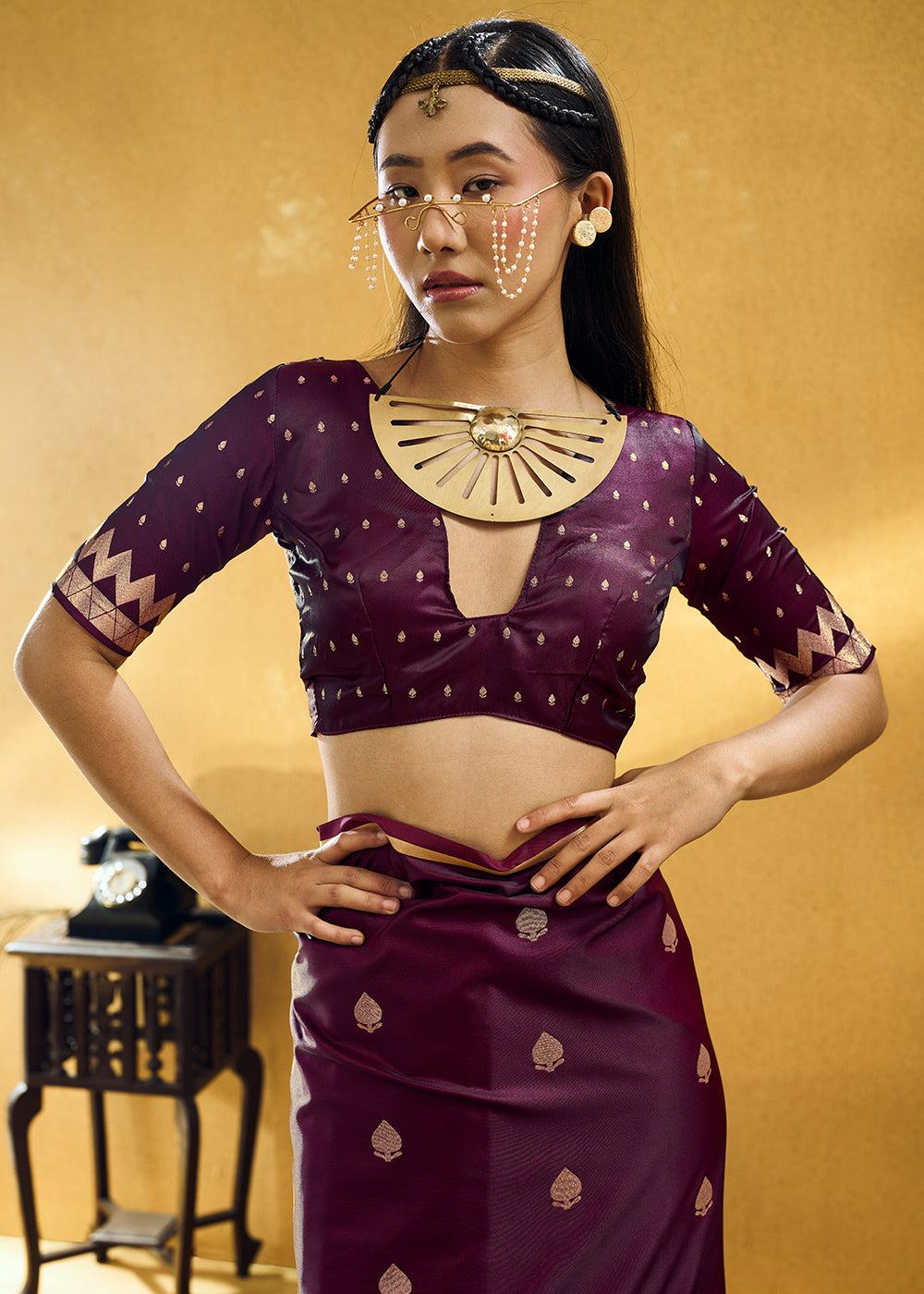 Wine Purple Satin Silk Saree with Woven Butti Accents
