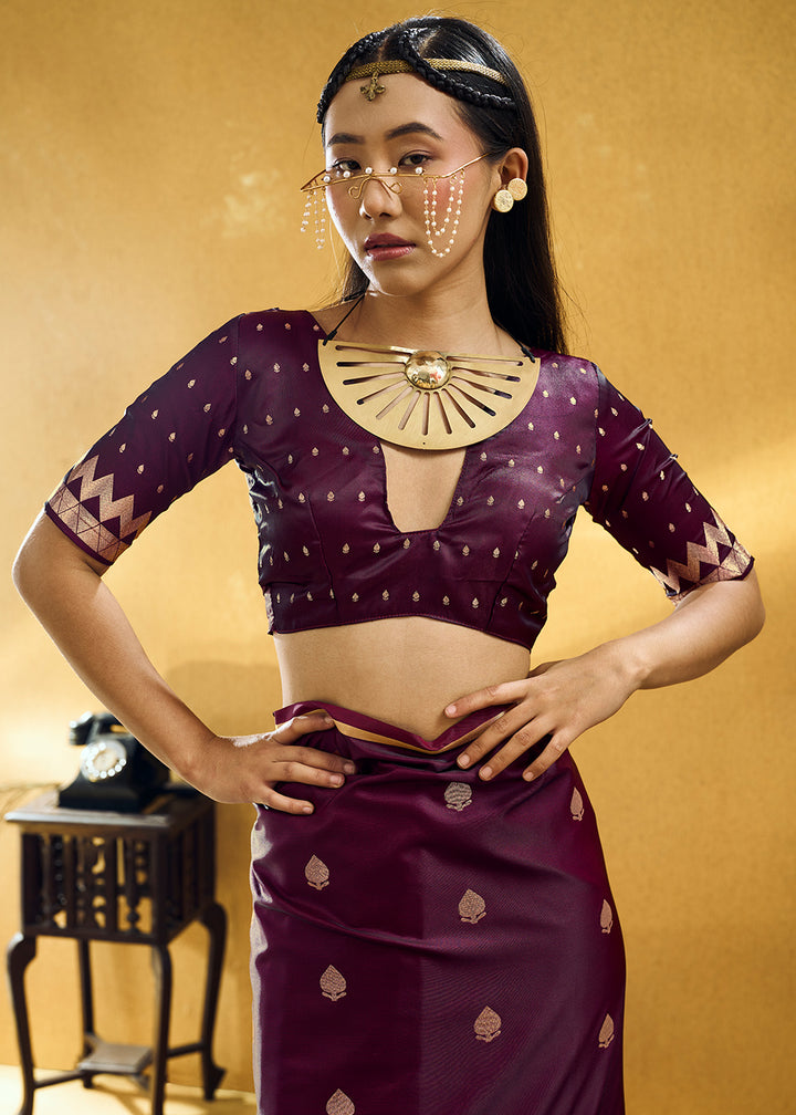 Wine Purple Satin Silk Saree with Woven Butti Accents