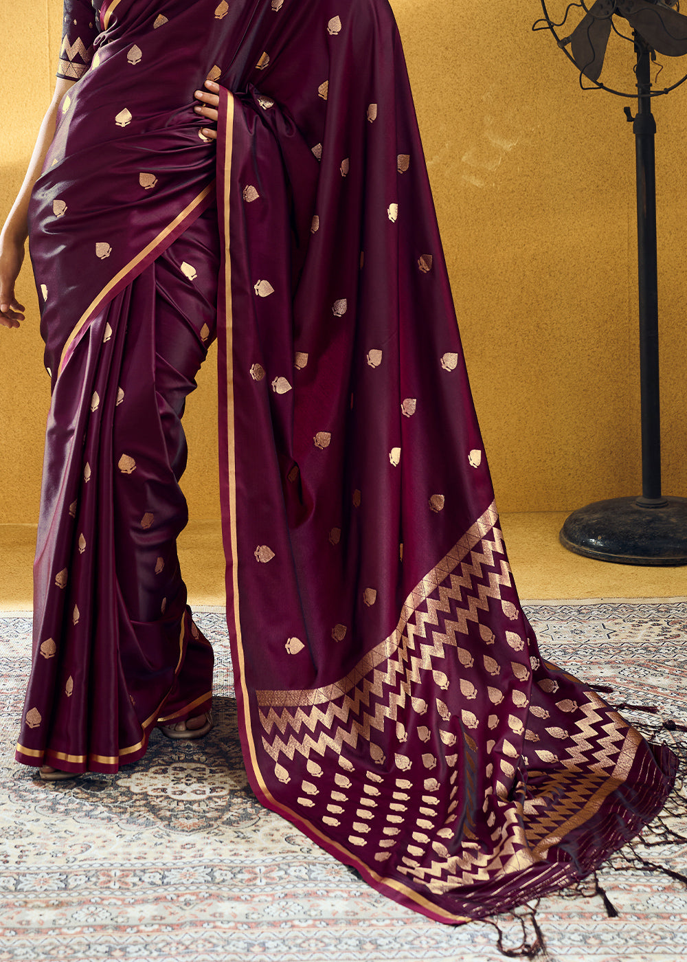 Wine Purple Satin Silk Saree with Woven Butti Accents