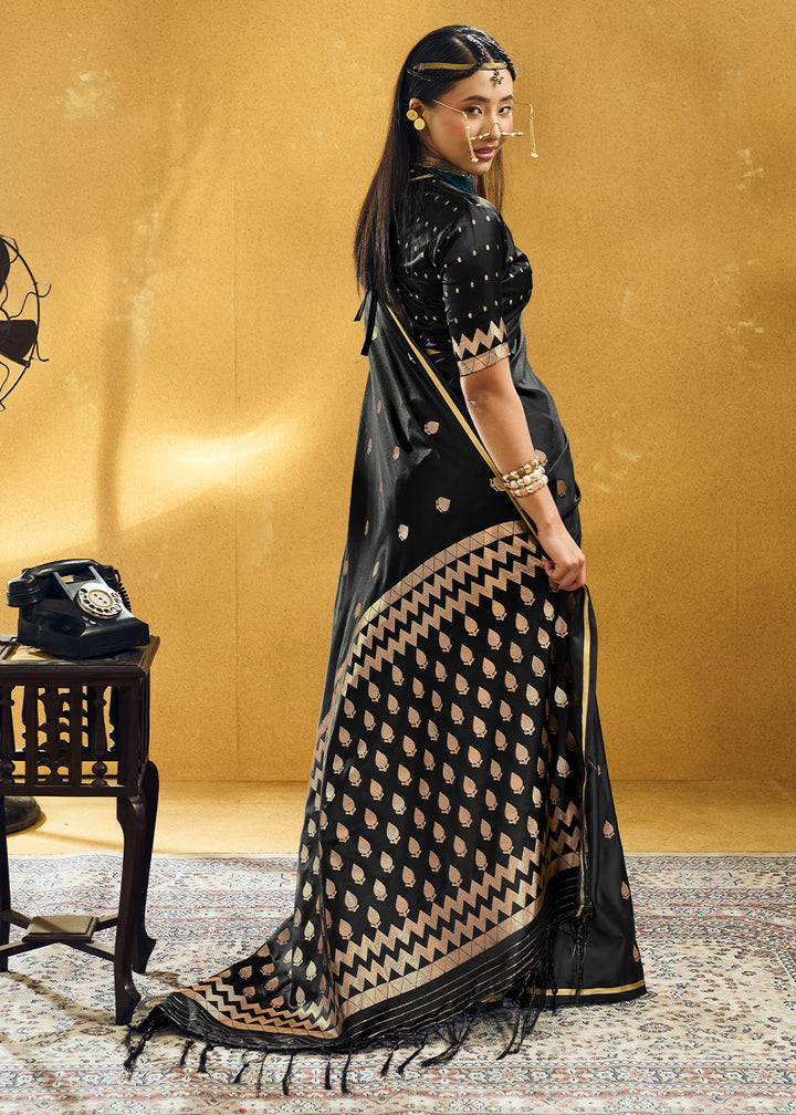 Onyx Black Satin Silk Saree with Woven Butti Accents