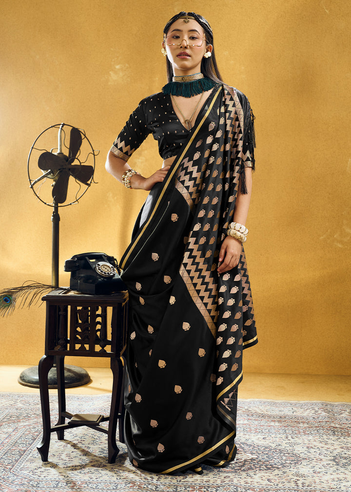 Onyx Black Satin Silk Saree with Woven Butti Accents