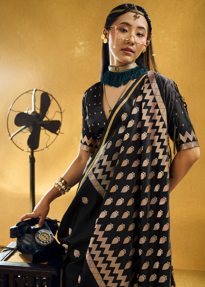 Onyx Black Satin Silk Saree with Woven Butti Accents