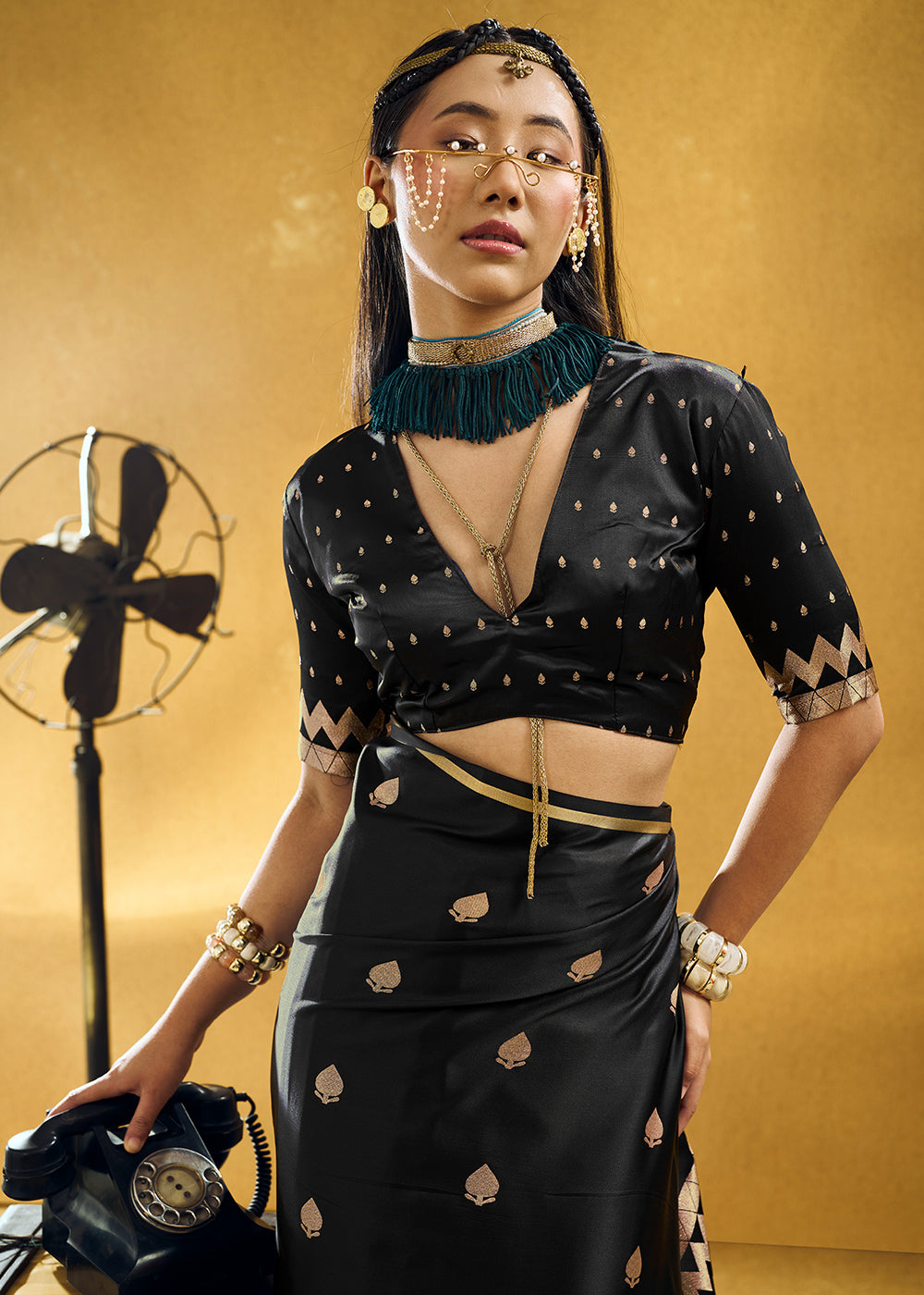 Onyx Black Satin Silk Saree with Woven Butti Accents