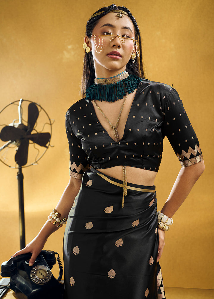 Onyx Black Satin Silk Saree with Woven Butti Accents