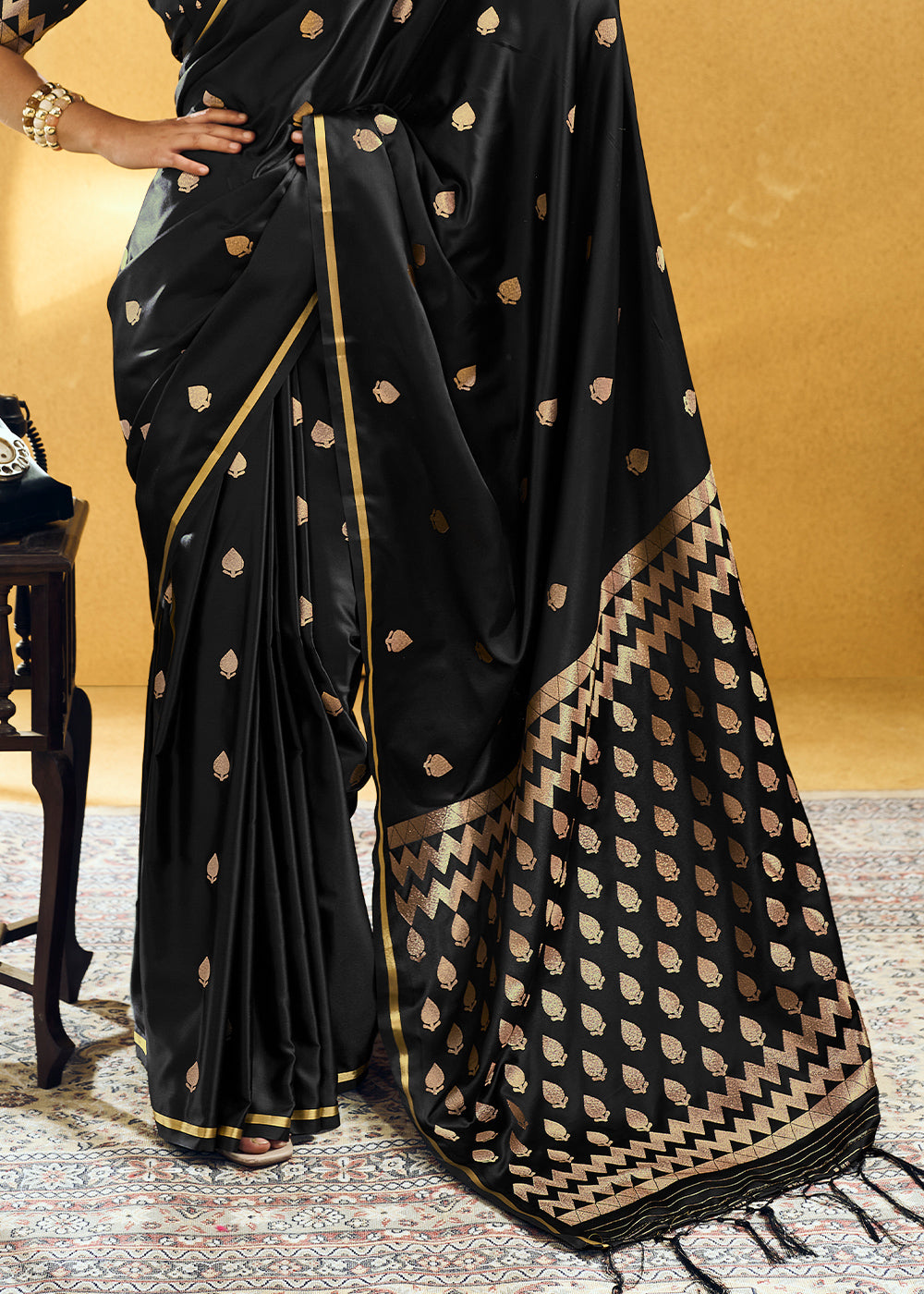Onyx Black Satin Silk Saree with Woven Butti Accents